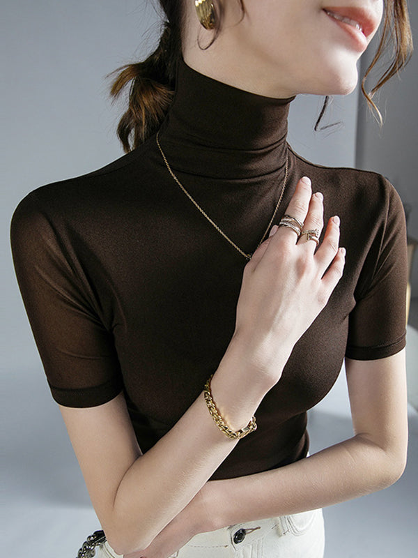 Half Sleeves Skinny Solid Color High Neck T-Shirts Tops