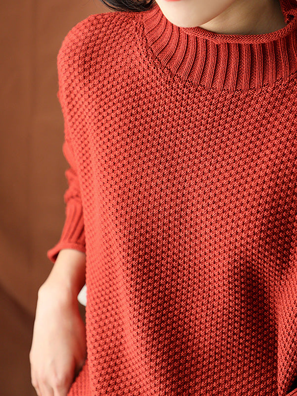 Casual Loose Long Sleeves Solid Color High-Neck Sweater Tops