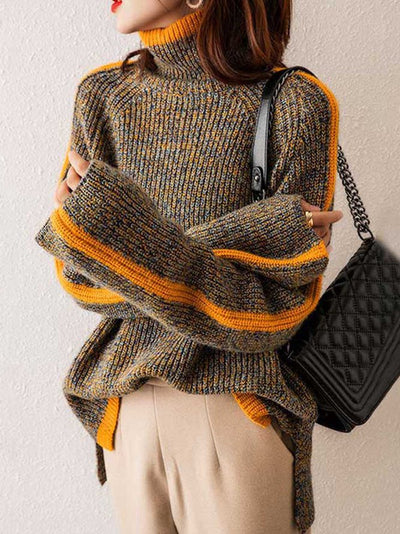 Casual Long Sleeves Loose Contrast Color Half Turtleneck Sweater Tops