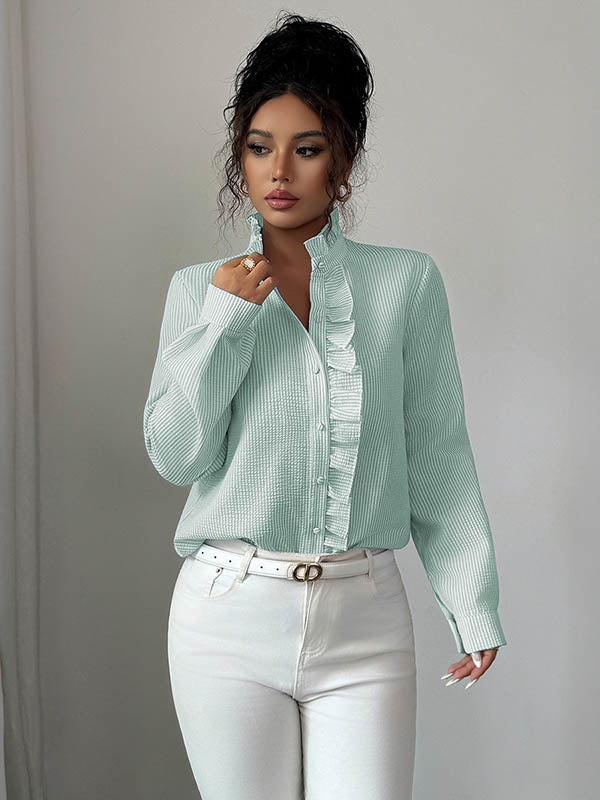 Long Sleeves Skinny Buttoned Ruffled Split-Joint Striped Stand Collar Blouses&Shirts Tops