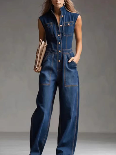Loose Plus Size Buttoned Pockets Solid Color Split-Joint Stand Collar Jumpsuits