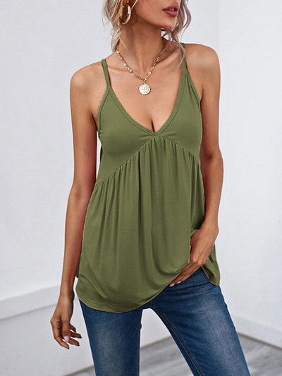 Sleeveless Pleated Solid Color Split-Joint Spaghetti-Neck Camis