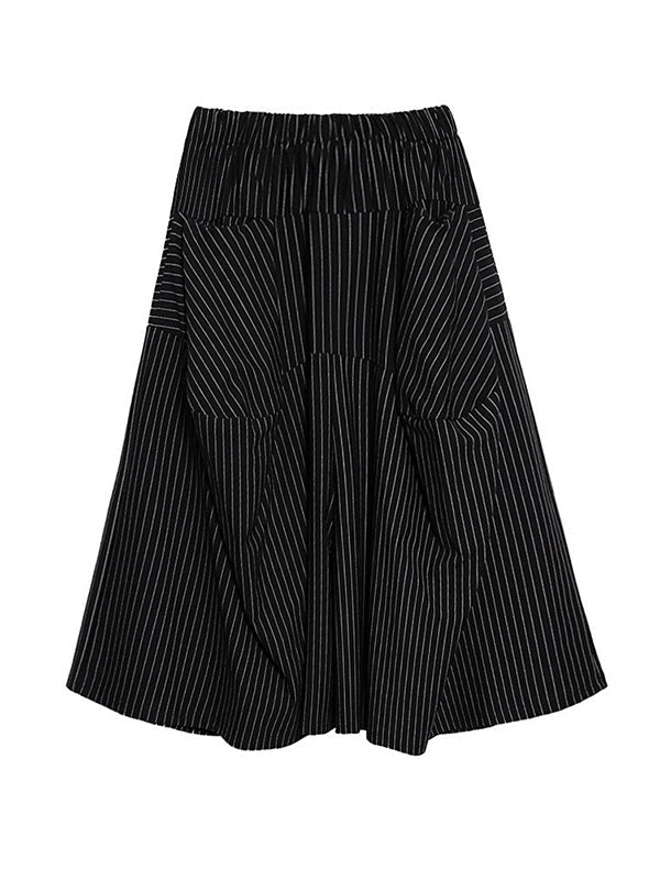 High Waisted Loose Elasticity Pockets Striped Culotte Pants