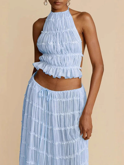 Pleated Solid Color Textured Halter-Neck Cropped Backless Ruffled Tank Top + Tied Waist High Waisted Skirts Bottoms Two Pieces Set
