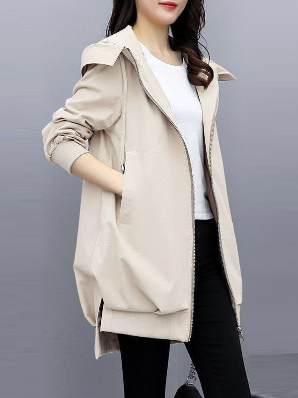 Casual Loose 4 Colors Pleated Zipper Hooded Long Sleeves Outwear