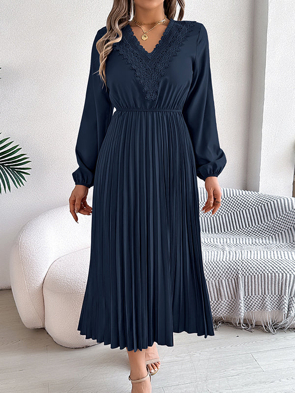Elasticated Waist High Waisted Pleated Solid Color V-Neck Midi Dresses