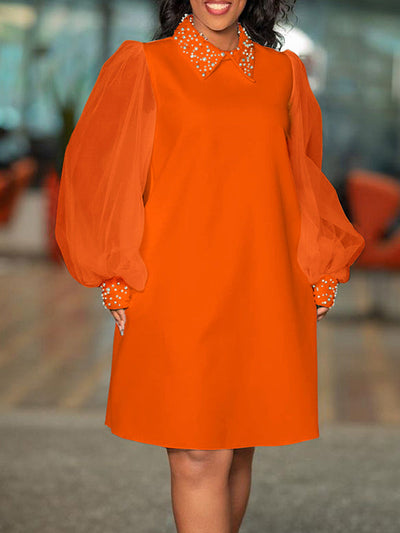 Puff Sleeves Beads Mesh Solid Color Split-Joint Round-neck Midi Dresses