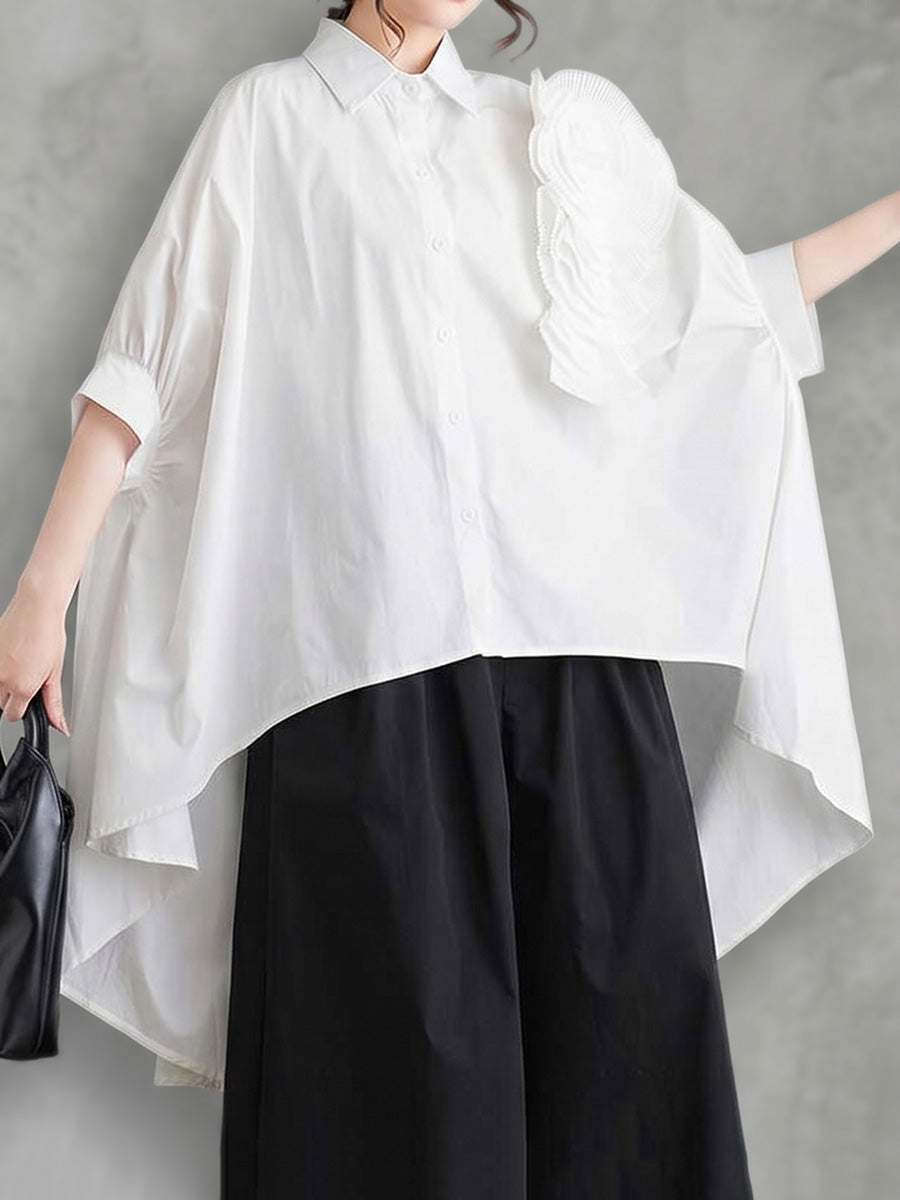 Half Sleeves High-Low Buttoned Pleated Solid Color Three-Dimensional Flower Lapel Blouses&Shirts Tops