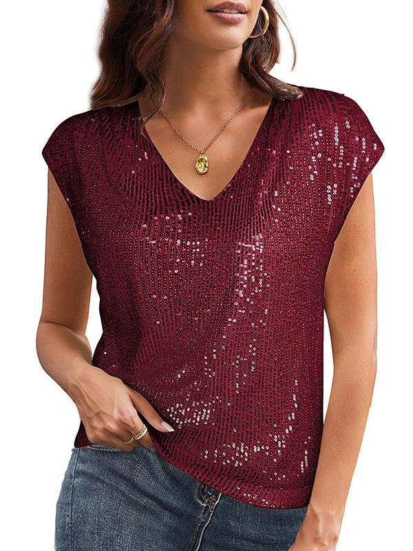 Batwing Sleeves Loose Sequined Shiny V-Neck T-Shirts Tops