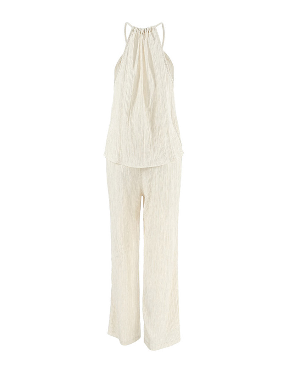 Solid Color Halter-Neck Cropped Pleated Split-Joint Tank Top + High Waisted Elasticity  Tied Waist Pants Trousers Two Pieces Set