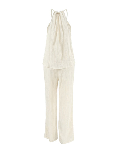 Solid Color Halter-Neck Cropped Pleated Split-Joint Tank Top + High Waisted Elasticity  Tied Waist Pants Trousers Two Pieces Set