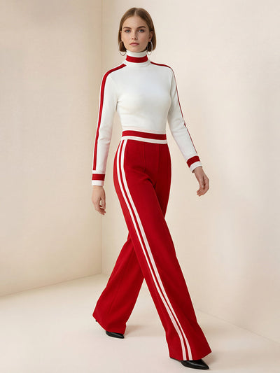 Loose Wide Leg Contrast Color Pockets Split-Joint Striped Pants