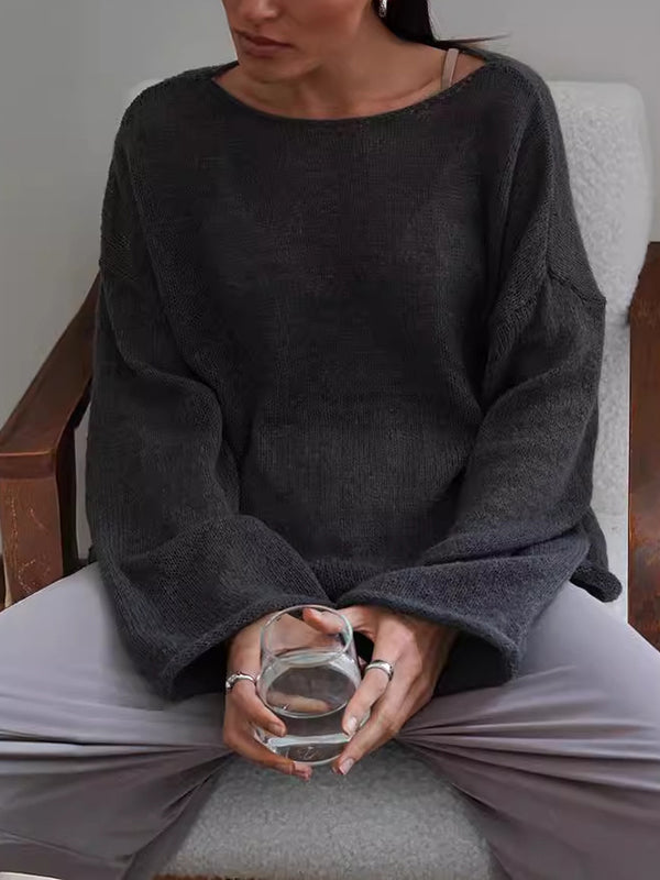 Long Sleeves Loose See-Through Solid Color Split-Joint Round-Neck Sweater Tops