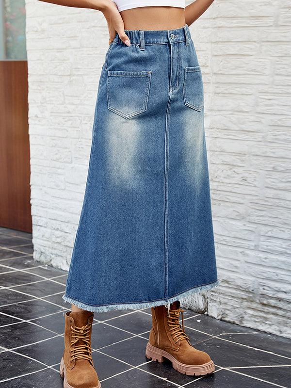 A-Line Loose Buttoned Elasticity Fringed Pockets Split-Joint Skirts Bottoms