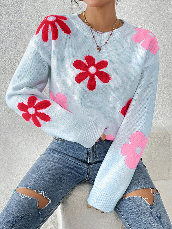Long Sleeves Loose Contrast Color Flower Print Round-Neck Sweater Tops