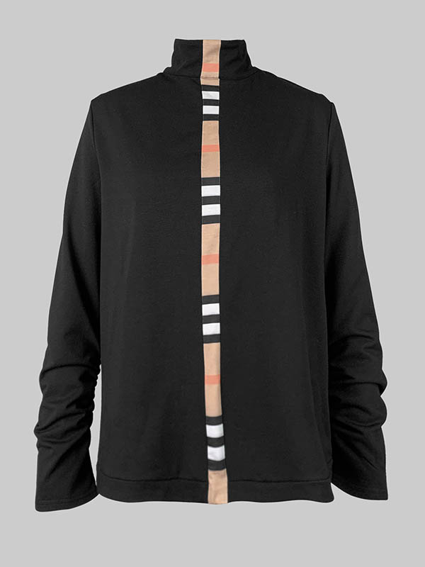 Long Sleeves Loose Contrast Color Printed High Neck T-Shirts Tops