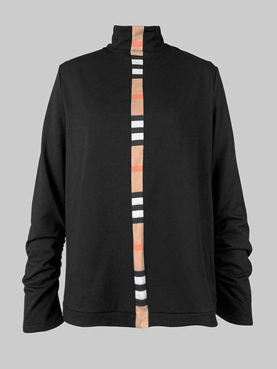 Long Sleeves Loose Contrast Color Printed High Neck T-Shirts Tops