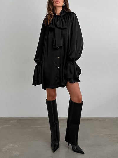 A-Line Flared Sleeves Buttoned Elasticity Pleated Solid Color Tied Zipper Stand Collar Mini Dresses