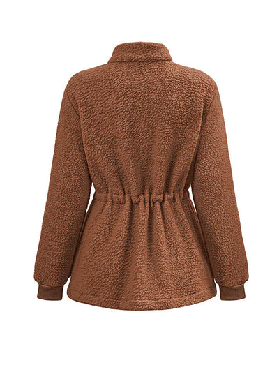 Long Sleeves Loose Drawstring Solid Color Velvet Zipper Stand Collar Outerwear