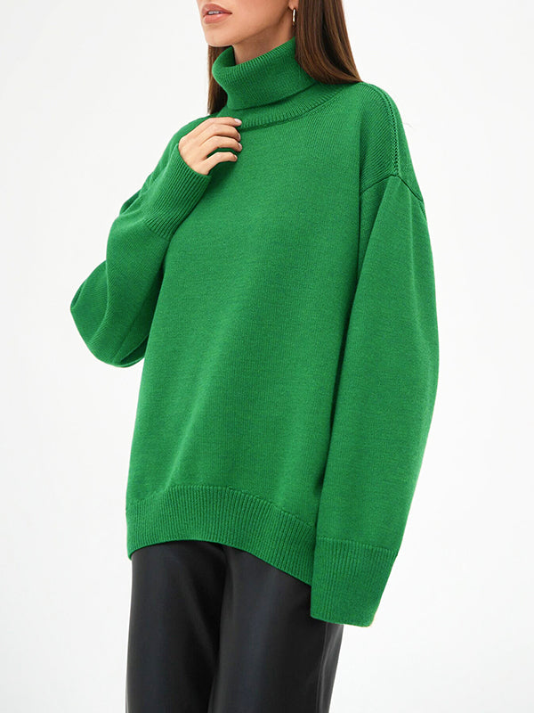 High-Low Long Sleeves Solid Color Split-Joint High Neck Sweater Tops