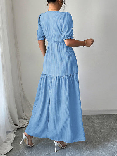 Half Sleeves High Waisted Pleated Solid Color Split-Front V-Neck Maxi Dresses