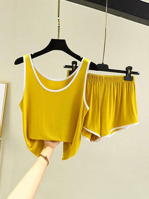 Home Wear Loose Sleeveless Contrast Color Round-Neck Vest&Shorts Pajamas Set