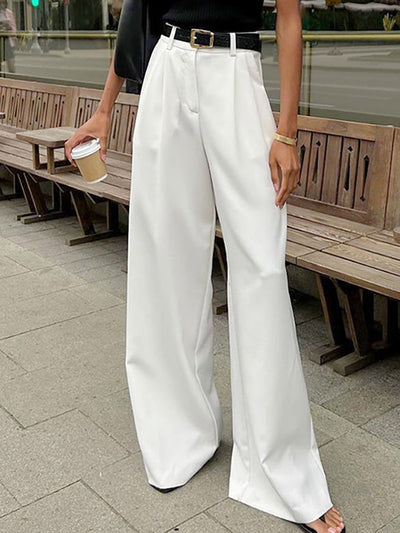 High Waisted Loose No Belt Pleated Pockets Solid Color Suit Pants Trousers