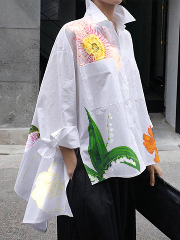 High-Low Loose Asymmetric Floral Printed Split-Joint Split-Side Lapel Blouses