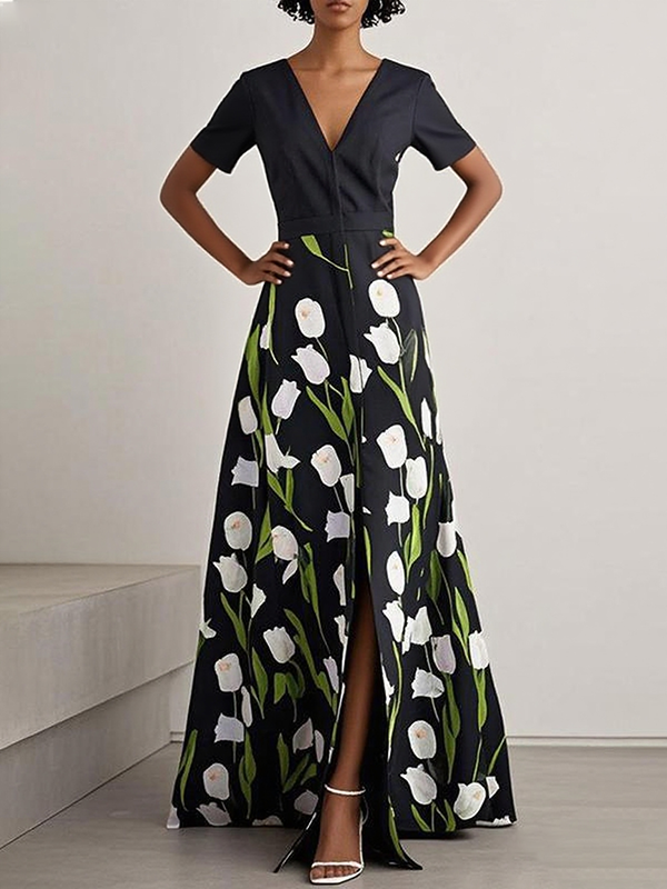 A-Line High Waisted Flower Print Split-Front V-Neck Maxi Dresses