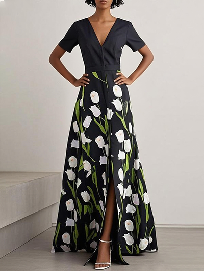 A-Line High Waisted Flower Print Split-Front V-Neck Maxi Dresses
