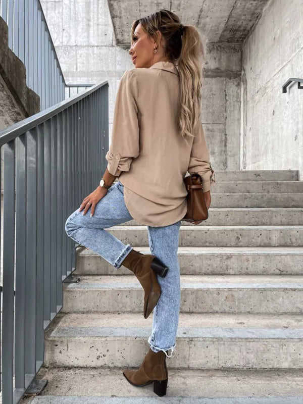 Trendy Long Sleeves Solid Color Lapel Collar Blouses