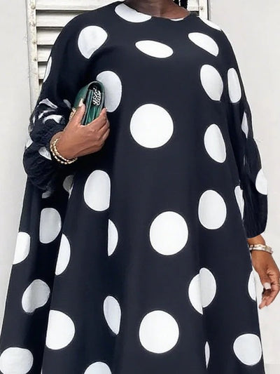 Long Sleeves Loose Contrast Color Polka-Dot Round-Neck Maxi Dresses