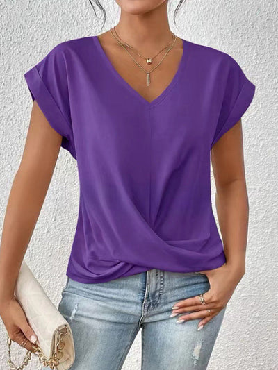 Loose Short Sleeves Pleated Solid Color V-Neck T-Shirts Tops