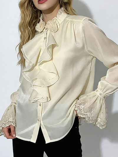 Long Sleeves Ruffle Sleeves Buttoned Pleated Ruffled Solid Color Split-Joint Stand Collar Blouses&Shirts Tops
