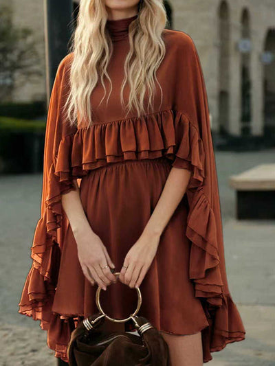 High Waisted Sleeveless Pleated Ruffled Solid Color Split-Joint Tied Mock Neck Mini Dresses Two Pieces Set