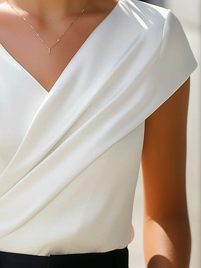 Loose Short Sleeves Asymmetric Pleated Solid Color Split-Joint V-Neck T-Shirts Tops