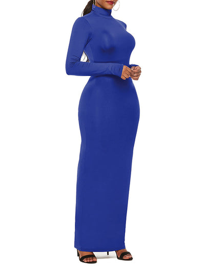 Bodycon Long Sleeves Solid Color High Neck Maxi Dresses