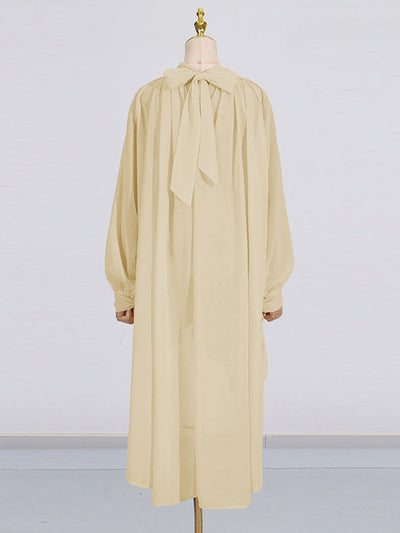 High-Low Long Sleeves Pleated See-Through Solid Color Tied High Neck Blouses&Shirts Tops