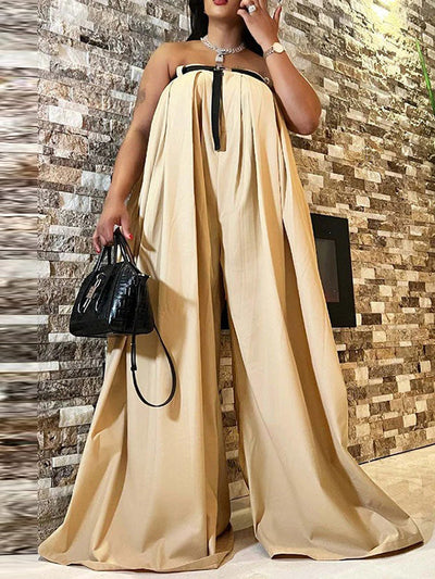 Loose Sleeveless Belted Pleated Pockets Solid Color Tube Jumpsuits