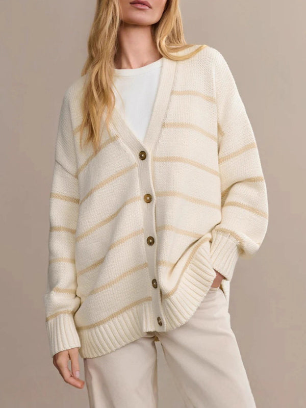 Long Sleeves Loose Split-Joint Striped V-Neck Cardigan Tops