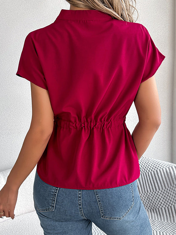 Short Sleeves Buttoned Comfort Solid Color Tied Waist Stand Collar Blouses&Shirts Tops