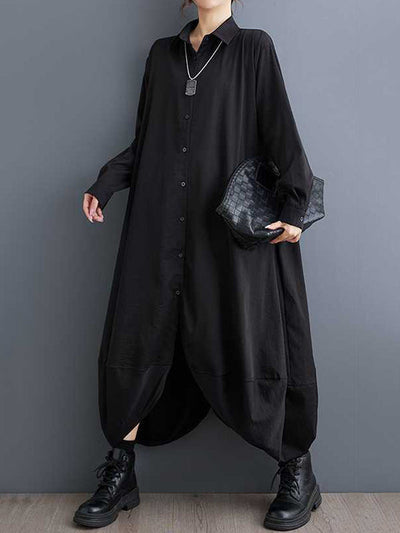 A-Line Long Sleeves Buttoned Pockets Solid Color Split-Joint Lapel Midi Dresses Shirt Dress