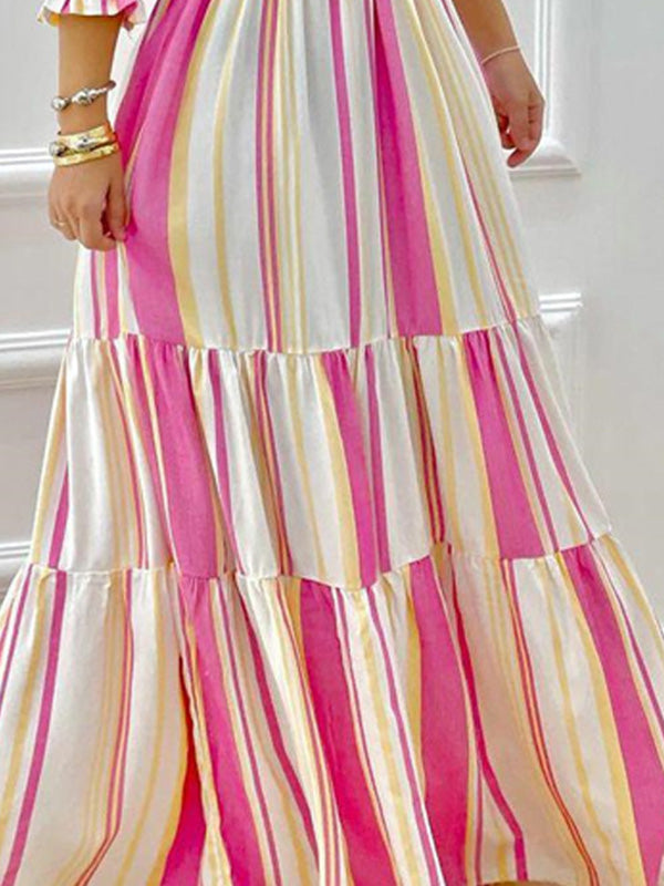 A-Line High Waisted Contrast Color Pleated Split-Joint Off-The-Shoulder Maxi Dresses