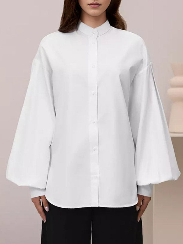 Loose Puff Sleeves Pleated Solid Color Split-Joint Split-Side Stand Collar Blouses