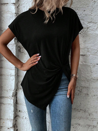 Batwing Sleeves Loose Asymmetric Pleated Solid Color Split-Joint Round-Neck T-Shirts