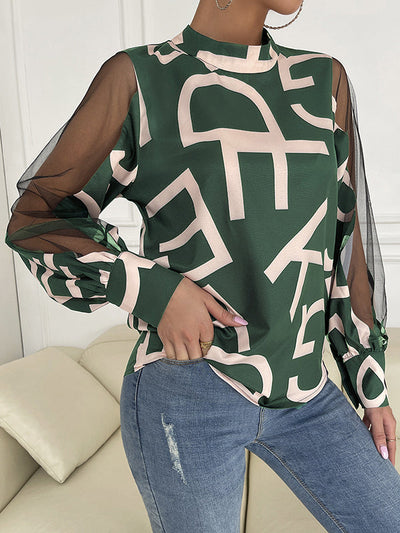 Long Sleeves Buttoned Hollow Letter Print See-Through Split-Joint Round-neck Blouses&shirts Tops Shirts Tops