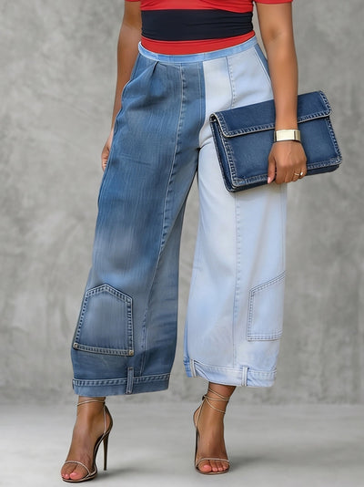 Loose Wide Leg Contrast Color Pockets Jean Pants Bottoms