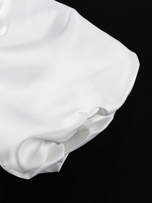 Loose Puff Sleeves Hollow Solid Color Split-Joint Round-Neck Blouses