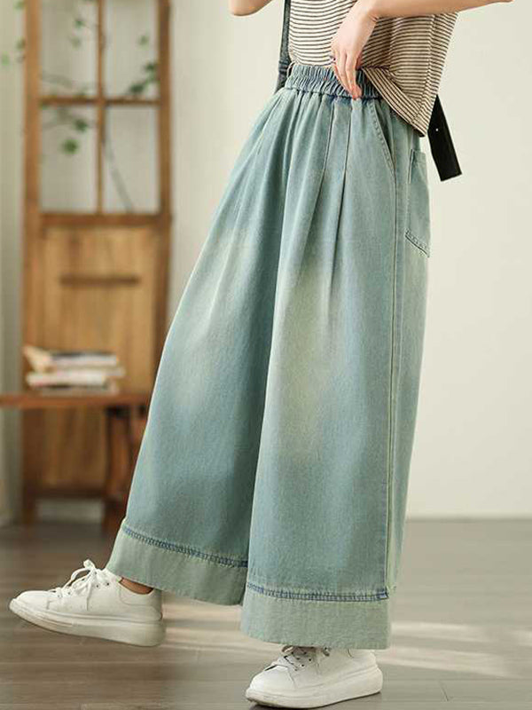 Loose Wide Leg Elasticity Pleated Pockets Jean Pants Bottoms Trousers