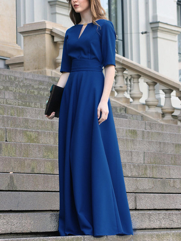 Half Sleeves High Waisted Solid Color Tied Waist V-Neck Maxi Dresses